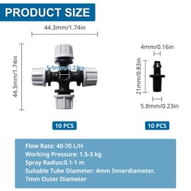 VooGenzek 10 Pieces 4-Way Atomization Nozzle, Plastic Cross Mist Nozzle, Garden Micro Atomization Nozzle, Cross Mist Sprinkler with Barb Connector, for Greenhouse, Garden, Grey