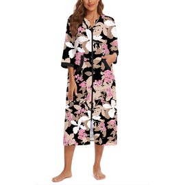 Korelayer Zipper Robes for Women 3/4 Sleeve Housecoats Long Lightweight Bathrobe House Dress with Pockets, Black Leaved Flower, Large