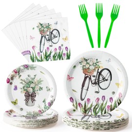 Spring Tulip Birthday Party Supplies - 96Pcs Spring Floral Eucalyptus Leaves Plates Napkins Forks Tableware Set, Disposable Paper Plates Party Decoration for Birthday Dinner Table Decor, Serve 24