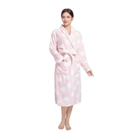 Plush Bathrobe for Women - Long Soft Fleece Robe with Pockets, Pink, White Heart Pattern, Cozy Spa Robe, gift for Her, Hotel Style, Bridal Shower, lightweight fleece bathrobe (Large, Regular)