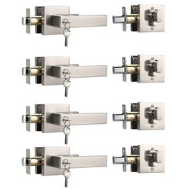 KNOBWELL 4 Pack Deadbolt Lock and Door Knob Set, Brushed Nickel Square Modern Single Cylinder Keyed Deadbolt Door Handleset(Keyed Alike)