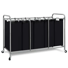 STORAGE MANIAC 5 Section Laundry Sorter, 5 Bins Rolling Separator Laundry Basket, Dirty Clothes Hamper Divider with Heavy Duty Rolling Lockable Wheels, Large Clothes Organizer Cart, Black