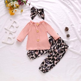 3Pcs Toddler Baby Girl Fall Outfit Long Sleeve Knitted Ribbed Top Leopard Pants Headband Infant Winter Clothing Set