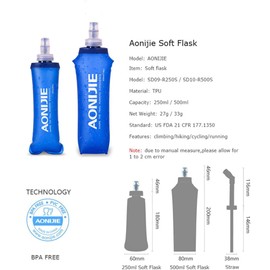 AONIJIE Paquete de 2 botellas de agua blandas de TPU plegables para paquete de hidratación, correr, senderismo, ciclismo, escalada (2 unidades – 250 ml)