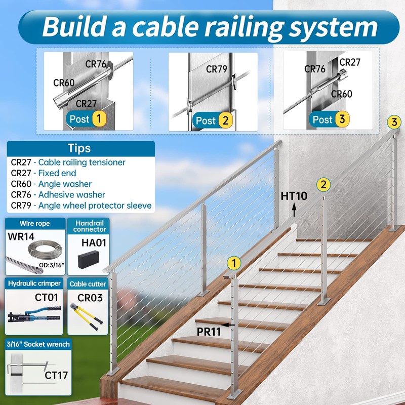 Muzata Slope Cable Railing Post 36 Inch for 25-40 Degrees