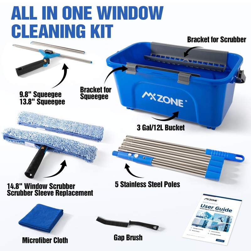 Window Cleaning Kit with Bucket, Squeegee, Scrubber & 80in Handle,