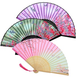 Prasacco 3 Pcs Hand Fans for Women Foldable Handheld Floral Folding Fans Silk Bamboo Fans with Tassel Hollowed Hand Fans for Dancing Party Wedding Decoration Gifts
