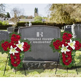 HENOMO Cemetery Flower for Grave Decorations, Memorial Floral Cross with Easel Stand,Headstone Wreath-Red Rose Hibiscus/White Lily-28 Inch