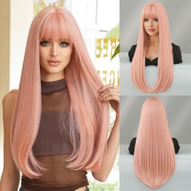 TRUMOST Peach Pink Wig with Bangs for Women 28 Inch Long Straight Synthetic Wig Natural Looking Heat Resistant Fiber Hair for Daily Party Cosplay Use