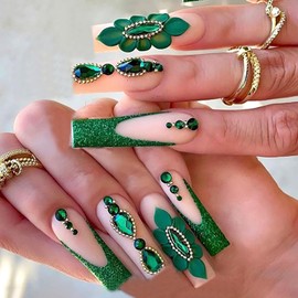 24pcs Long Press on Nails Greenn Fake Nails with Rhinestones designs Floral Acrylic Nails Nude Matte Square False Nails Full Cover Glitter French Tip Glue on Nails for Women Girls Nail Supplies