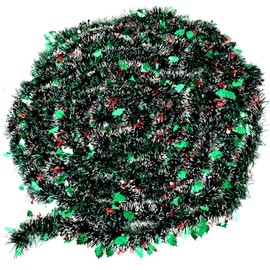 DONGZHI 10m Green Christmas Tinsel Garland with Star for Christmas Tree Decorations (Green)