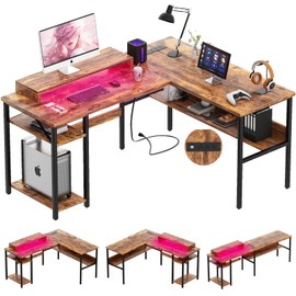 Unikito L Shaped Computer Desk with Magic Power Outlets and Smart LED Light, Sturdy Reversible Corner Desk with Monitor Stand & Storage Shelves, Home Office Work Desk, Easy to Assemble, Rustic