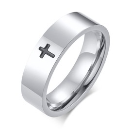 Cross Rings for Men, 18K Gold Plated Men's Stainless Steel Silver Lord Prayer Jesus Christian Religious Black Pinky Ring for Boys, Ring Size 5 to 13 with Free Chain, Stainless Steel, No Gemstone