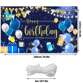 Blue Gold Happy Birthday Backdrop for Men Women, Glittery Dot Star Celebration Champagne Birthday Party Decorations Photobooth Photoshoot Background Outdoor With hole/rope