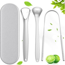 Jasinber Set de 3 Cepillo de Lengua de Acero Inoxidable con Estuche de Transporte - Kit de Limpieza Bucal para Limpiador de Raspado de Lengua Oral (3 Pcs)