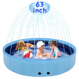 63" Large Dog Pool with Sprinkler, 2-in-1 Foldable Swimming Pool Non-Slip Hard Plastic Splash Sprinkler Kiddie Pool for Outdoor Backyard Kids Dogs Ducks and Pet Baths
