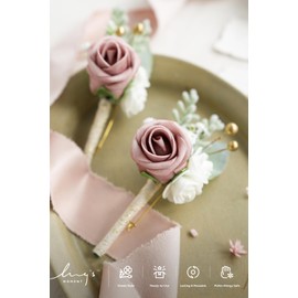 Ling's moment Boutonniere for Men, 2pcs Groom Groomsmen Guest Boutonniere, Artificial Flowers for Wedding/Prom/Homecoming, etc.Dusty Rose