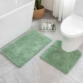 MIULEE Microfiber Bathroom Rugs and Mats Sets 2 Pieces Extra Thick Non Slip Bath Mat and U-Shaped Contour Toilet Rug for Bath Room Floor Restroom, 16"x24"+20"x24", Sage Green
