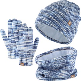 Winter Beanie Hat, Scarf, Gloves Set, Children's Winter Hat Scarf Gloves Set, Hat Warm Beanie Hat Boys Touchscreen Gloves Round Scarf Set for 5-12 Years, Blue Mix