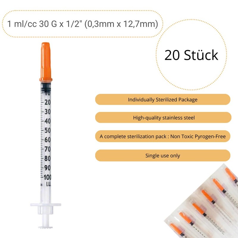 Pack of 20 1 ml/cc Plastic Tube 30G (0.3 x