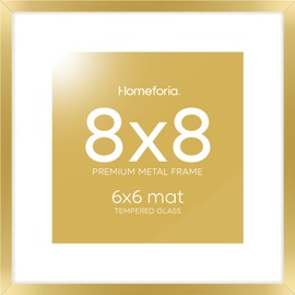 Homeforia 8x8 Picture Frame Gold, High End Metal 8 x 8 Square Photo Frames with Mat 6 by 6, 8x8 Poster Frame Matted to 6x6 inches Print, 8by8 Wall or Tabletop Frame, Tempered Glass, Wall Kit, Set of 1