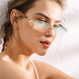 LumiSyne Square Rimless Sunglasses, Men's, Women's, Wooden Frame, Clear, Gradient Lens, Ultra Small Frame, UV400 Protection, Anti-Glare, Retro, Rectangular Glasses, gradient blue/gold
