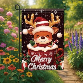 Saoplasa Christmas Garden Flag Cute Reindeer in Mug Merry Christmas 12x18 Inch Double Sided Outdoor Yard Banner for Holiday Winter Candy Cane Cocoa Cup Red Antlers Snowflakes Decoration Decor