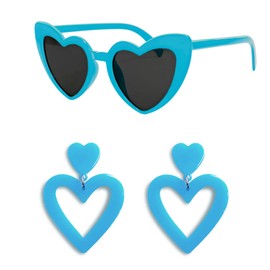 Double Heart Earrings Dangling Heart Drop Earrings For Women and Heart Shaped Sunglasses Set, Chic Outfit Jewelry Fan Gifts (Blue Set)