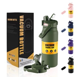 PlanetFlame 50oz/1.5L Insulated Sports Water Bottle, Stainless Steel Double Wall Water Jug with Handle, 2-in-1 Chug Spout and Straw Lid with Lock Cover for School, Outdoor, Sports & Travel, Army Green