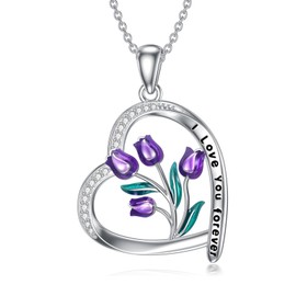 YFN Tulip Necklace Sterling Silver Purple Tulip Flower Necklace Tulipanes Heart Necklace Tulip Jewelry Gifts for Women Teens Girls Tulip Lover Birthday