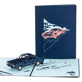 Ribbli Muscle Car (Navy) Handmade 3D Pop Up Card, Birthday Cards for Him Her Men Women Dad Husband Boy Boyfriend Brother Son Kids Friend, with Envelope