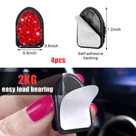 Yourkar 4PCS Bling Car Mini Hooks, Multifunctional Adhesive Small Auto Storage Hook for Key Cable Mask, Crystal Rhinestone Dashboard Hanging Hook, Interior Decor Car Accessories (Red)