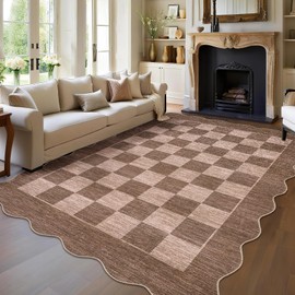 COZYLOOM Modern Checkered Area Rugs 5x7 Ultra-Soft Scalloped Throw Carpet, Stain-Resistant Neutral Floor Rug, Machine Washable Plaid Thin Indoor Mats for Living Room, Bedroom, Nursery, Brown