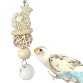 Parakeet Bite Toy, Approx. 5.9 inches (15 cm), Made in Japan, Safe and Safe Material, Natural Wood, Buddy Bird, Fumitori, Bird, Wooden (KW01: Star x Rattan Ball x Plastic Bell)