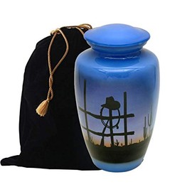 Hand Painted Metal Cremation Urn - Adult Urn - Solid Metal Funeral Urn - Handcrafted Adult Funeral Urn for Ashes - Great Urn Deal (Cowboy Farewell)