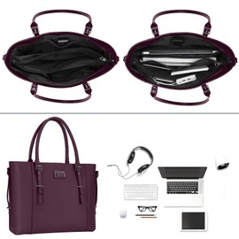 MOSISO PU Leather Laptop Tote Bag for Women (17-17.3 inch), Waterproof Large Capacity Business Work Briefcase Shoulder Laptop Bag, Plum