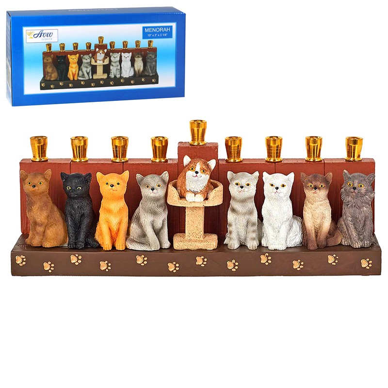 Aviv Judaica Hanukka Cat Menorah - 3D Sculptured Cats and