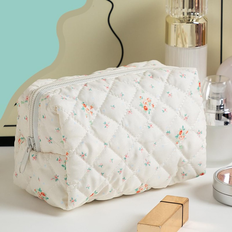 NJCXOLA Floral Pattern Quilted Cosmetic Bag Large Capacity Soft Cotton