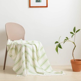 Simple&Opulence Yarn Dyed Striped Cotton Muslin Throw Blanket for Bed, Couch, Knit Woven Blanket with Tassels Soft Lightweight Cozy Pre-Washed Breathable Farmhouse Decoration for All-Season(Green)