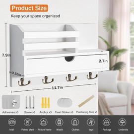 Irayin Wooden Key Holder with Shelf, Wooden Key Holder with 4 Double Key Hooks and Storage Drawer, Wall Key Board for Entrance Area, Hallway, Living Room, Office - White