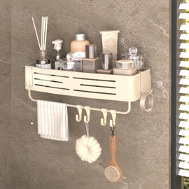 Onemake Aluminum Shower Caddy Suction Cup, No Drilling Bathroom Shower Shelf, Corner Shower Caddy with 6 Portable Hooks, Removable Bath Organizer with Towel Bar for Bathroom Storage(Cream White)