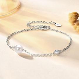 Dainty Pearl Bracelet for Women Sterling Silver Freshwater Cultured Small White Pearl Chain Bracelets Wedding Jewelry for Brides Bridesmaid Gifts