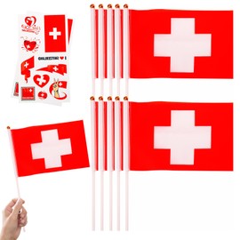 10pcs Small Switzerland Flags on Sticks & 2pcs Temporary Tattoos for Football 2024 Party,Mini Swiss Flags on Sticks Hand Held Flags for Sports Events Celebration Swiss Party Decorations
