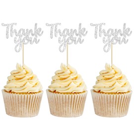 Gyufise 36 Pack Thank You Cupcake Toppers Silver Glitter Thanksgiving Cupcake Picks Decorations for Baby Shower Boys Girls Birthday Party Supplies
