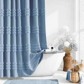 Dynamene Extra Long Shower Curtains 72 x 84 Inches Long Tufted Chenille Striped Fabric Bathroom Shower Curtain, Tall Modern Shabby Chic Waterproof Cloth Shower Curtain Set with Hooks, Moonlight Blue