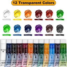 Magicdo Glass Paint Stained Transparent Glass Window Paint Acrylic Paint Set Great for Glass painting, Wine Glasses, Light Bulbs, Ceramic (12 Colors x 12ml with Palette)