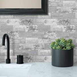 DEWOO 10-Sheet Peel and Stick Wall Tiles PVC Backsplash Back Splash Stick on Tiles for Kitchen Bathroom (13.5" x 11.4"，Retro Wood）