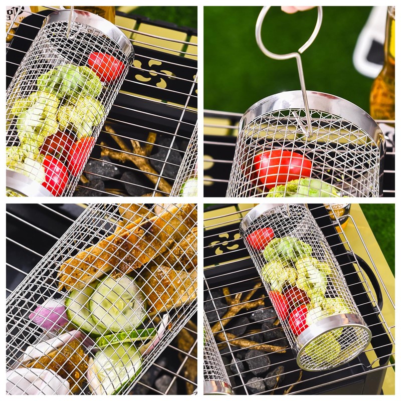 DragonX2 2 Rolling BBQ Baskets with Removable Wooden Handles, Nested