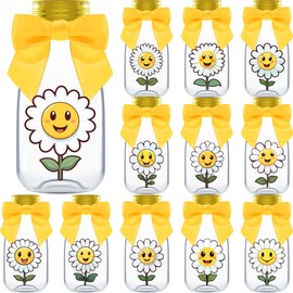 Ethisa 12 Pack Daisy Party Favors - DIY Candy Jars with Ribbons and Stickers - Party Decoration Bottles for Birthday, School Classroom and Baby Shower - Flower Table Centerpiece Gifts for Kids