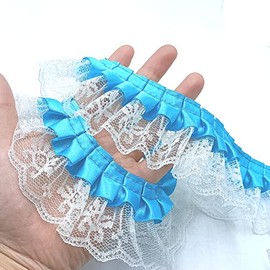 YOOGCORETT 2 Yards Blue Lace Pleated Chiffon Lace Trims White Vintage Lace Ribbons for Bridal Wedding Decorations Sewing Supplies DIY Craft Handmade Costume Decoration - 1.8"Inch